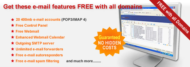 It's now easier and cheaper to have your own domain name than ever before. Fast Name provides our customers with the best possible registration and hosting service. All domain names registered with Fast Name now come with the following e-mail features as standard, 20 massive 400mb e-mail accounts - these can be pop3 or imap 4, free Control Panel, free Webmail, enhanced Webmail Calendar, unlimited e-mail forwarders, outgoing SMTP server, e-mail autoresponders, email spam filtering, and much more, all included in the cost of the domain name registration, so there are no hidden costs or surprise additions when it comes to check out time!