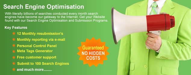 Search Engine Optimisation and submission services from Fast Name. With literally billions of searches conducted every month, Search Engines have become our gateway to the Internet. Get your Website found with our Search Engine optimisation and submission programs. Key features of all our SEO plans include, 12 monthly resubmissions, monthly reporting via e-mail, personal control panel, Meta Tag generator, free customer support, submit your Website to 100 search engines